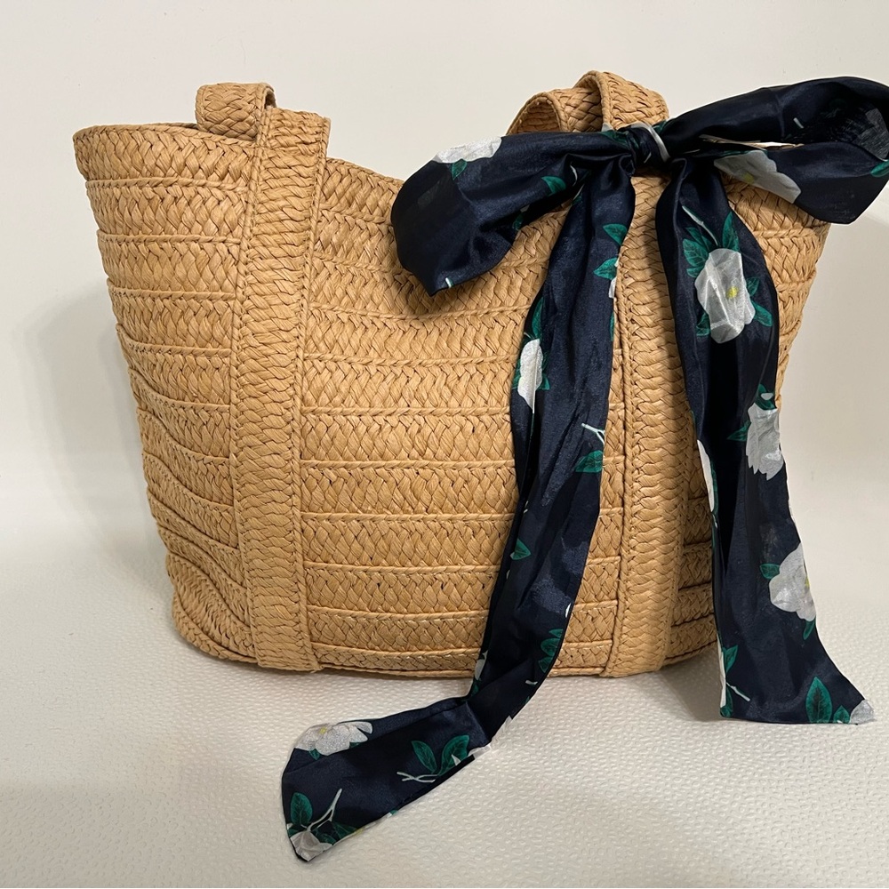 Draper James Tan Woven Tote with Navy Floral Scarf